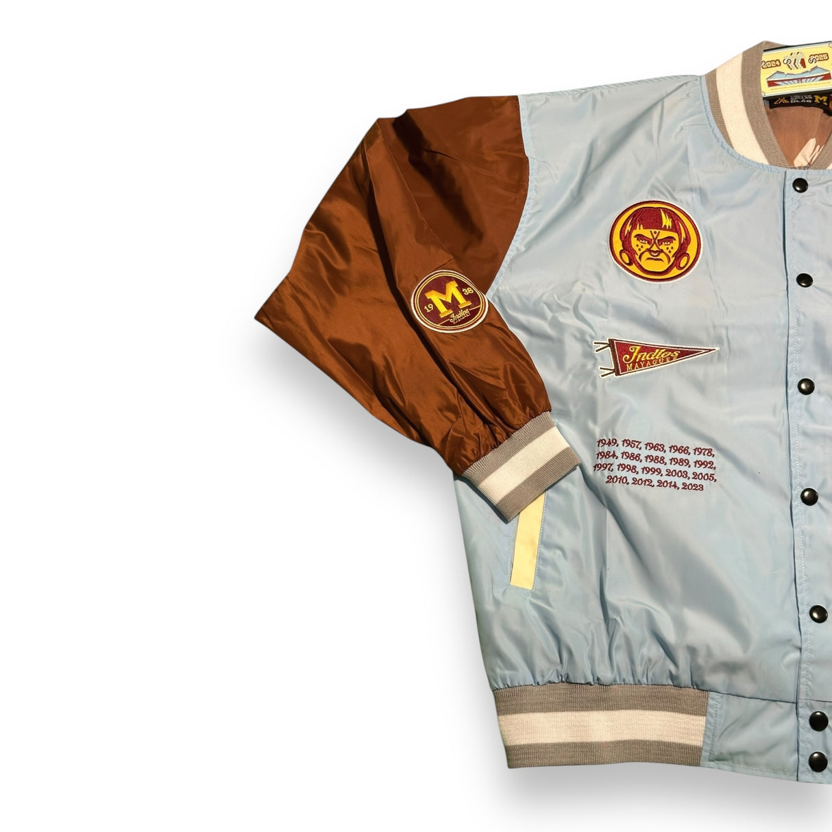 INDIOS X DLAB Sky Blue/Brown Bomber Varsity Jacket 2.0